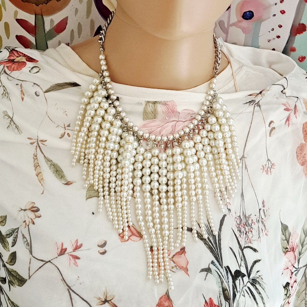 Cato Ivory Faux Pearl Fringe Statement Necklace